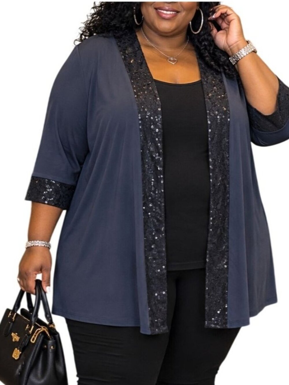 Catherines Plus Size 24W Kimono Jacket Navy Sequined Lace Accent 3/4 Sleeves